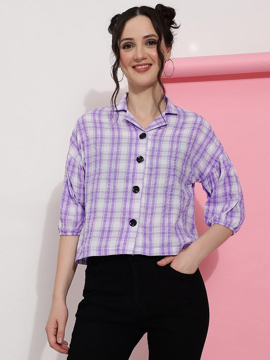 Lavender Purple Checks Casual Wear Women Shirt