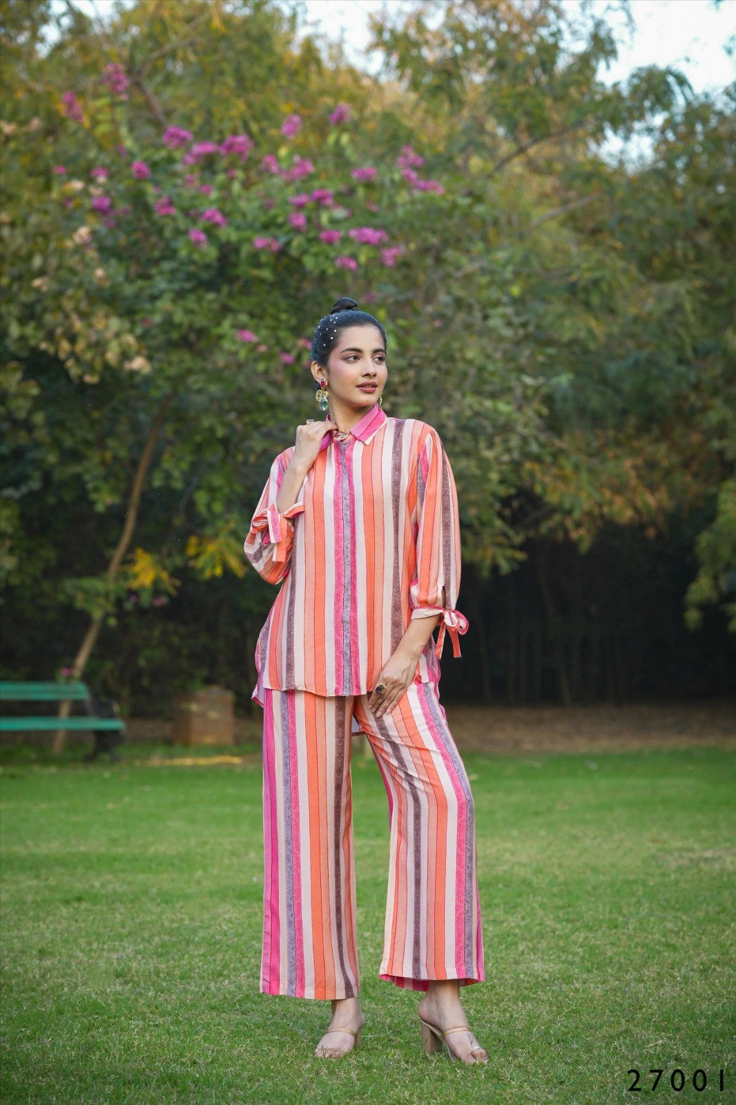 Multi Mull Cotton Candy Stripes Button Down Shirt With Palazzo Co-ord Set