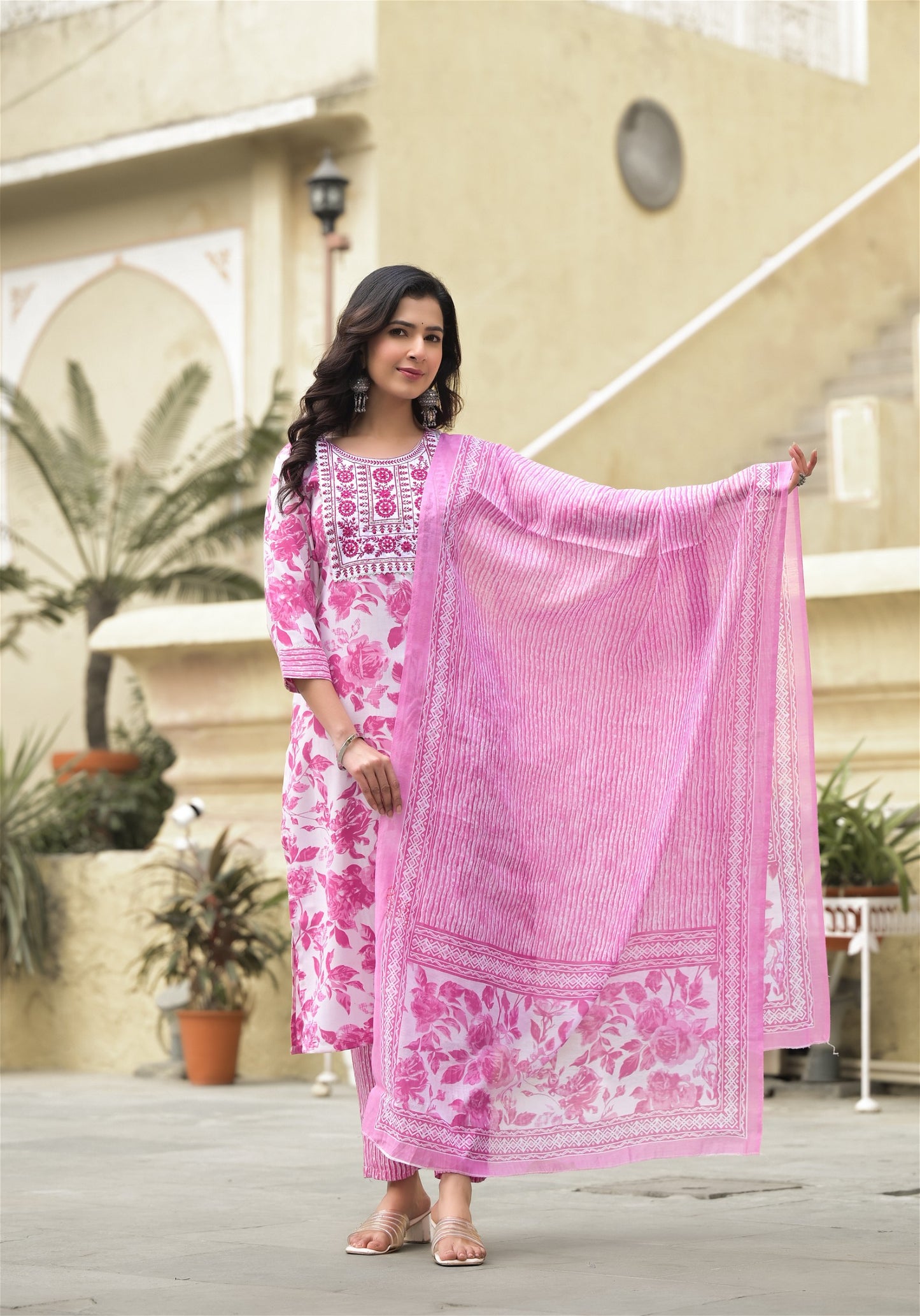 White and Pink Beautiful Daily Wear Kurta set with Dupatta and Bottom Wear